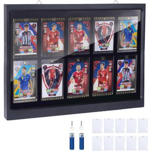 10 Wooden Sport Cards Display Case with LED Lights,UV Protection Acrylic Wall Cabinet,for Football Basketball Trading CardsIncludes 10 Standard Card Sleeves