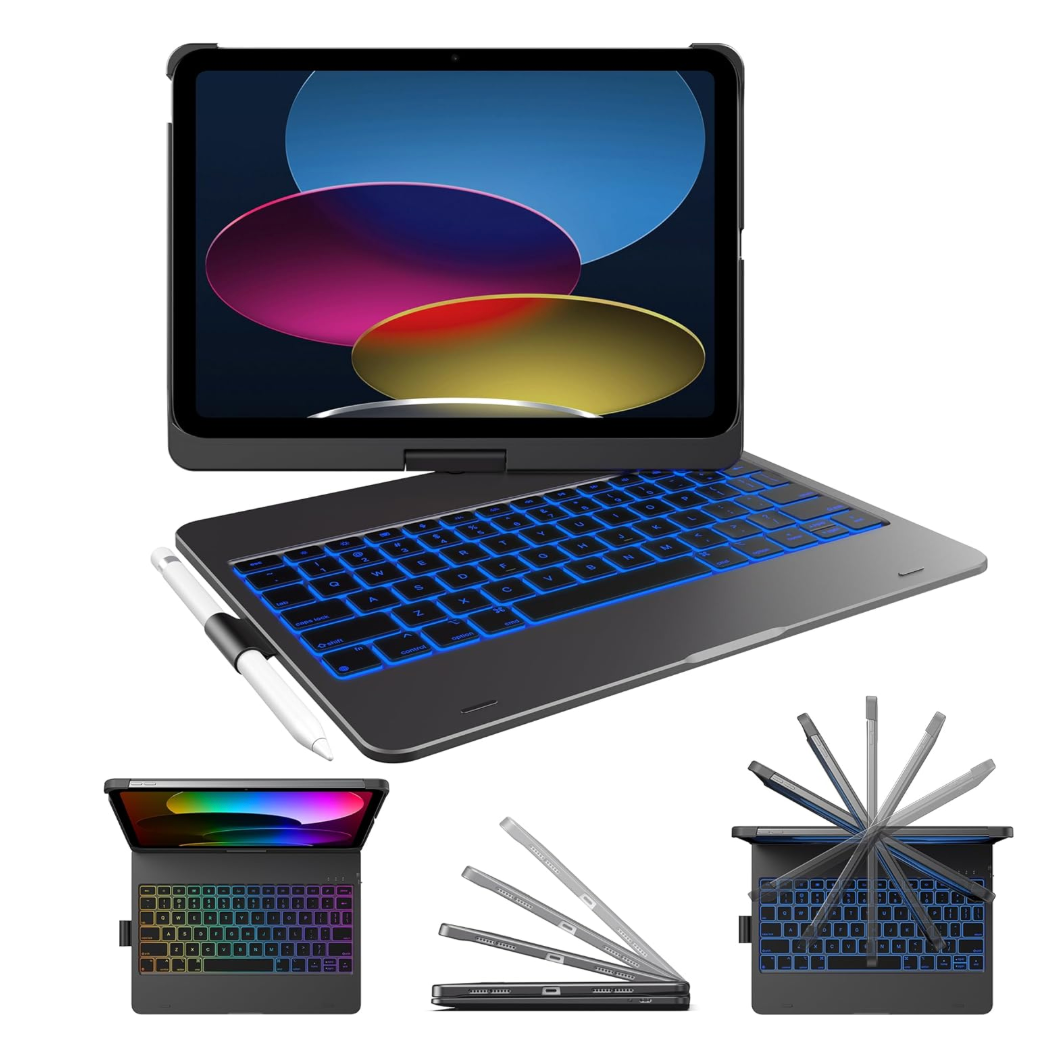 typecase Flexbook Keyboard Case for iPad 11th (A16, 2025) and iPad 10th Gen (10.9", 2022) – No Trackpad, 11-Color Backlight, 360° Rotatable, 7 Use Modes, Thin & Lightweight – Space Black