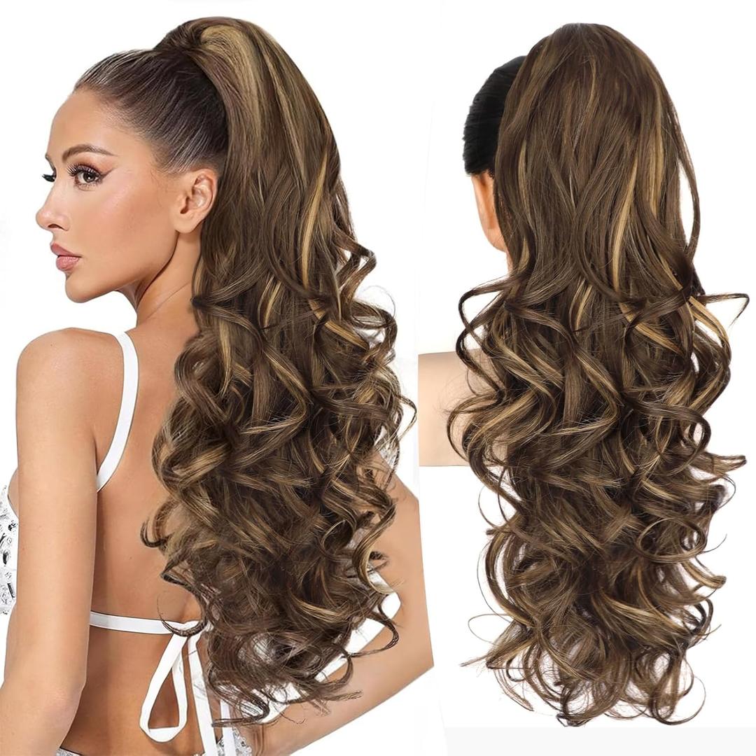 ALXNAN Ponytail Extension,24 Inch Claw Clip in Long Curly Wavy Chocolate Brown with Highlights Ponytail Hair Extension Jaw Clip on Pony Tails Hairpiece for Women