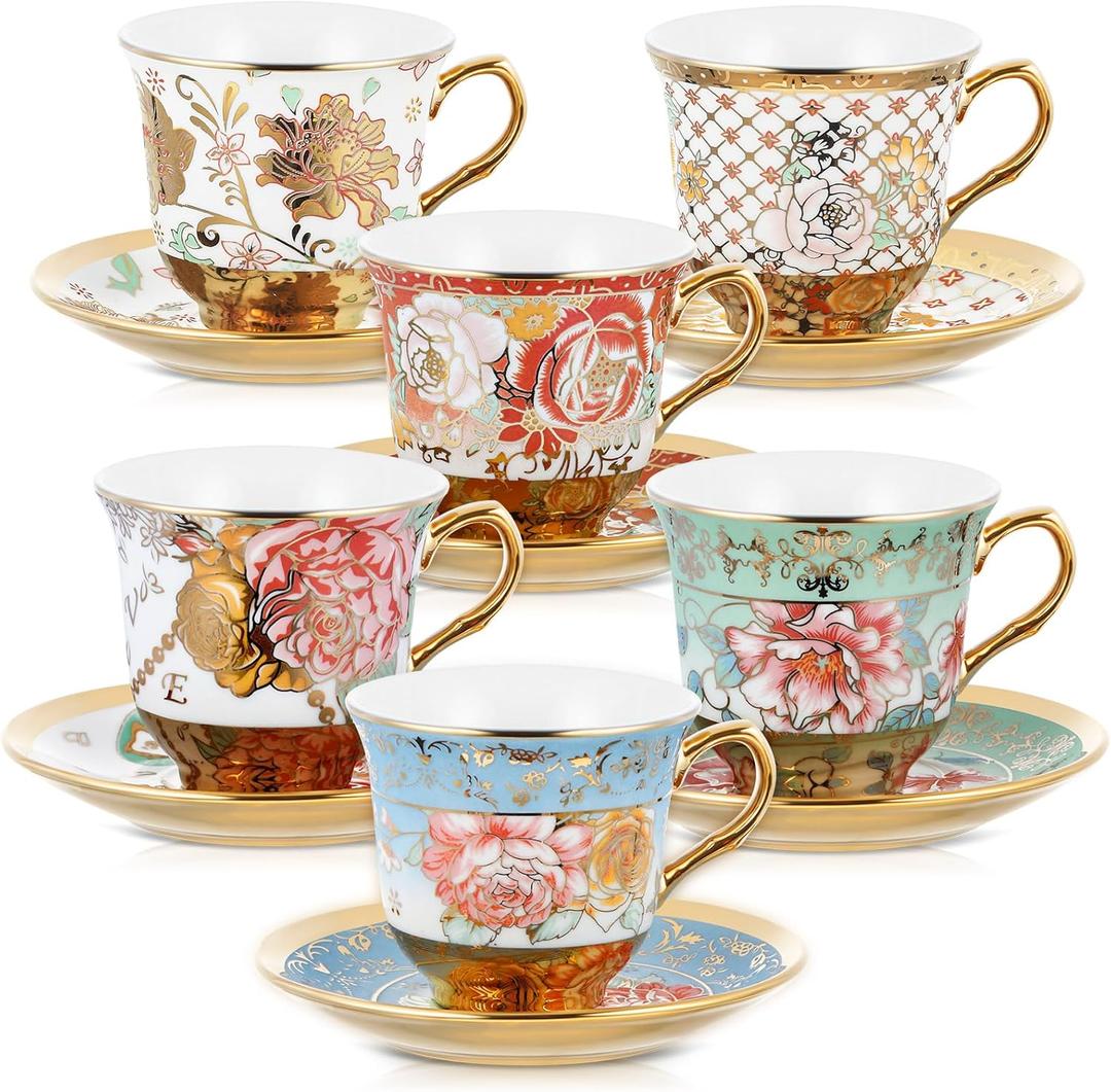 Set of 6 Tea Cups and Saucers Tea Party Decorations Floral Porcelain 5.4 oz British Gift for Women Birthday Party, Church, and Mother's Day (Stylish Style)
