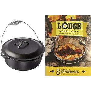 Lodge 9 Quart Pre-Seasoned Cast Iron Dutch Oven - Wire Bail Handle for Easy Transfer - Use in the Oven, on the Stove, on the Grill or over the Campfire + Parchment Paper Dutch Oven Liners 7 x 5 x 1