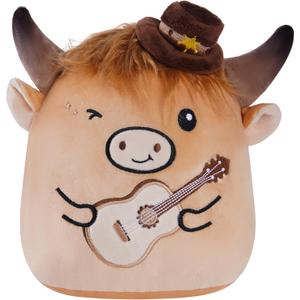 Highland Cow Stuffed Animal, 8 Inch Cute Country Cow Plush Toy with Guitar and Cowboy Hat, Soft Kawaii Plushie Pillow Gifts for Kids Boys Girls, Farm Animal Decor for Christmas Birthday Holiday