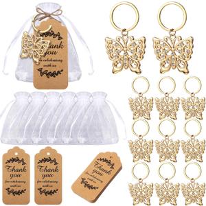 Butterfly Keychain Party Favors Butterfly Keyring for Guest Baptism Party Favor Metal Crystal Animal Keychain Souvenirs Thank You Tags for Baby Shower Wedding Birthday Gift(Gold,20 Set)