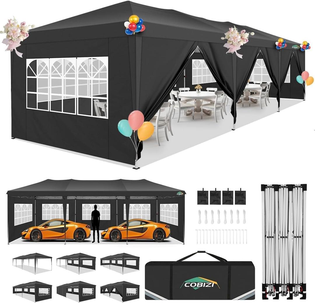 COBIZI 10x30 Pop Up Canopy Tent, 10x30 Outdoor Party Tent with 8 Removable Sidewalls, UPF 50+ Waterproof Portable Canopy for Parties, Commercial, Event with Carry Bag and 4 Sandbags (Black, 10'x30')