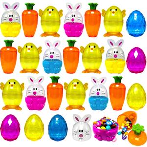 24 Pack Easter Fillable Containers Plastic Bunny Chick Carrot Shaped Treat Box Colorful Diamond Egg Novelty Easter Hunt Basket Stuffers Filler Shell for Classroom Prize Spring Party Favor