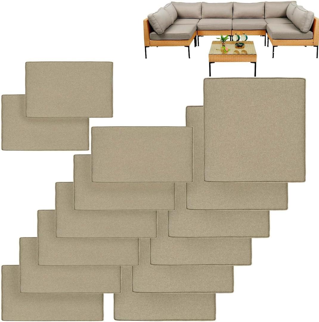 14Pcs Patio Cushion Covers Replacement Splashproof UV-Resistant Inelastic Covers with Zippers, Max Compatible 25.6x25.6x4inch Patio Cushion, for 7 Pcs Outdoor Patio Furniture Sets (Flax)