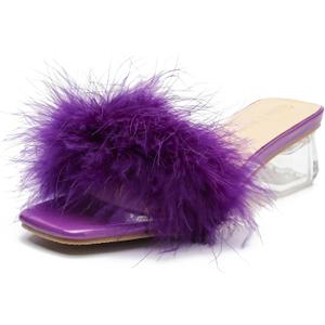 Women's Square Toe Heeled Sandals Low Block Chunky Heels Clear Mules Fluffy Feather Slip on Wedding Bridal Party Dress Shoes (Purple) 41