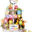 21 Pcs Spring Flower Tiered Tray Decor Set Hello Spring Wooden Table Sign Fresh Flower Gnome Tabletop Block Rustic Farmhouse Decor for Home Party Favor Kitchen Table Shelf