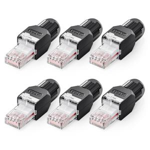 VCELINK CAT6A Tool-Free RJ45 Connector, No-Crimp Compact UTP Reusable Plug for Field Termination for 23-26 AWG Ethernet Cables, 10 Gbps, 6 Pack, Black