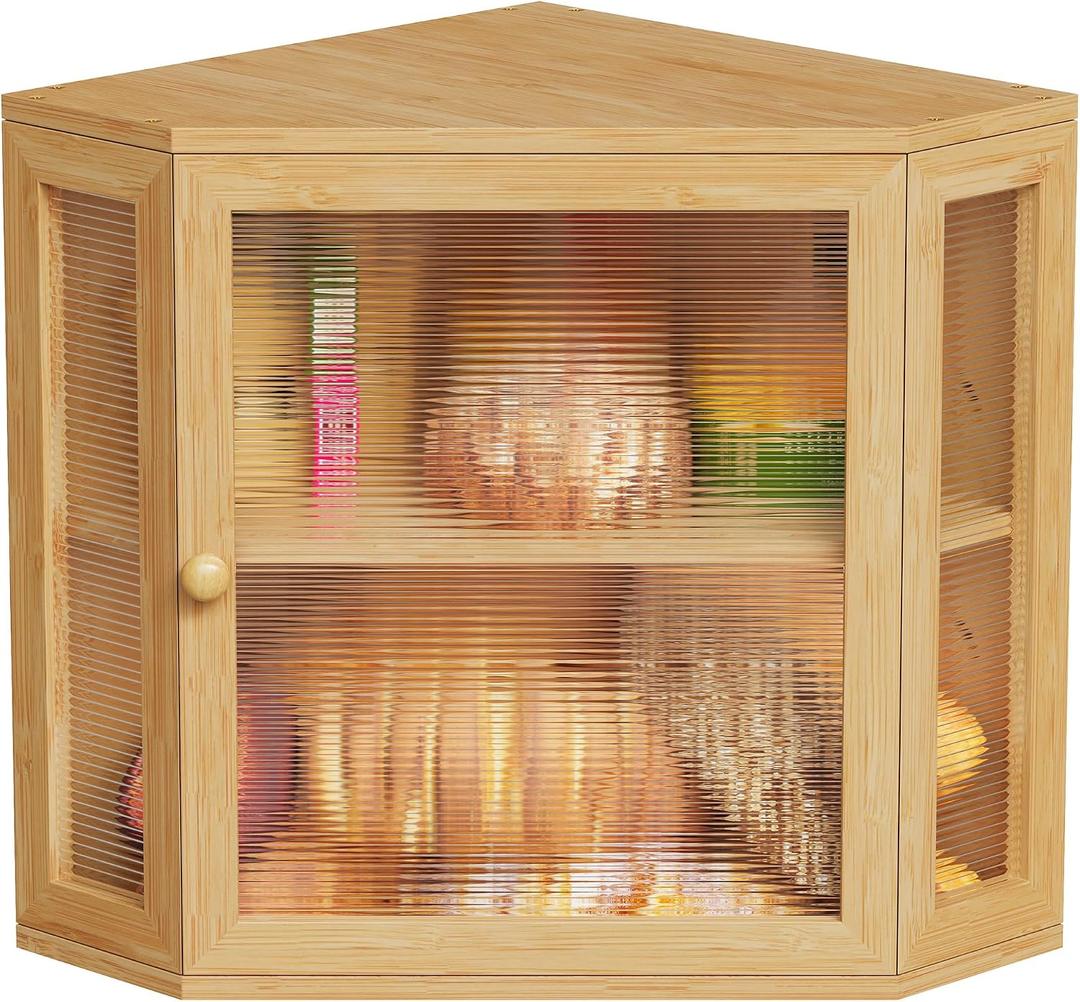 BEWISHOME Corner Bread Box,Bread Box for Kitchen Countertop,Double Layer Bamboo Wood Large Capacity Bread Storage Bin with Acrylic Wavy Door Panel(Meduim) 99ZMX01Y