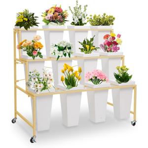 Flower Display Stands with Buckets, 3-Tier Rolling Plant Stand with Locking Wheels - Heavy Duty Metal Flower Cart for Indoor/Outdoor Use, Wedding Decor & Florist Displays (Holds 12 Pots) (Gold)