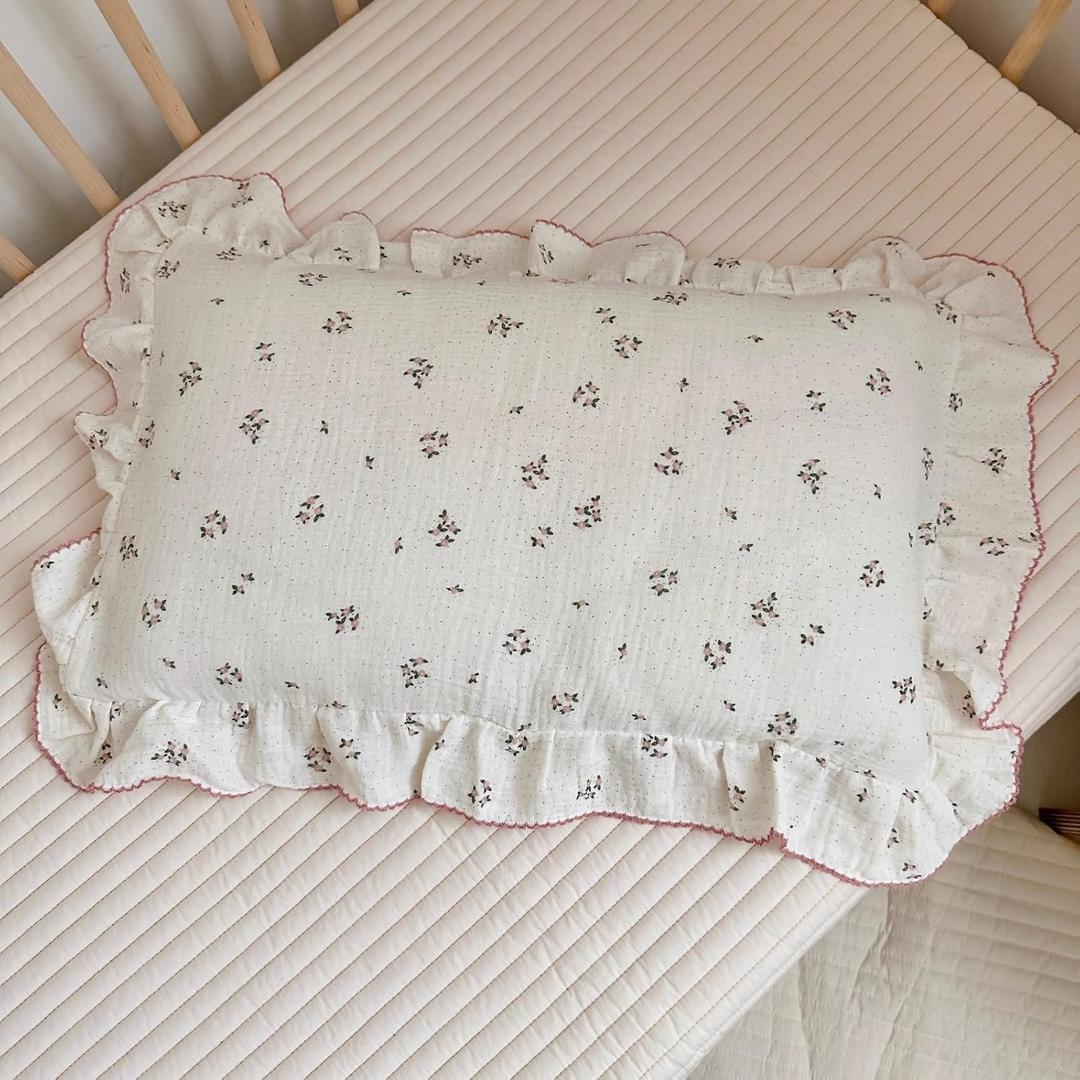 BuLuTu Cotton Muslin Kids Toddler Pillowcase with Ruffles, Chic Shabby Floral Pillow Cases, Girls Pillow Covers Kids Pillow, Envelope Closure, Primrose Pattern, 1 Pack, 
Toddler (14"x20")