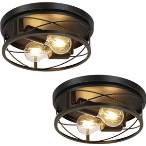 Farmhouse Lights,Black Industrial 2 Pack Round Metal Flush Mount Hallway & Bedroom Ceiling Lamp, Kitchen Round Lights (Bulbs Not Included) (10.63inch-2pack)