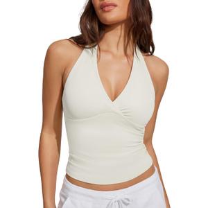 SUUKSESS Women Halter Backless Tank Tops with Built in Bra Double Lined V Neck Y2k Going Out Tops (White, L)