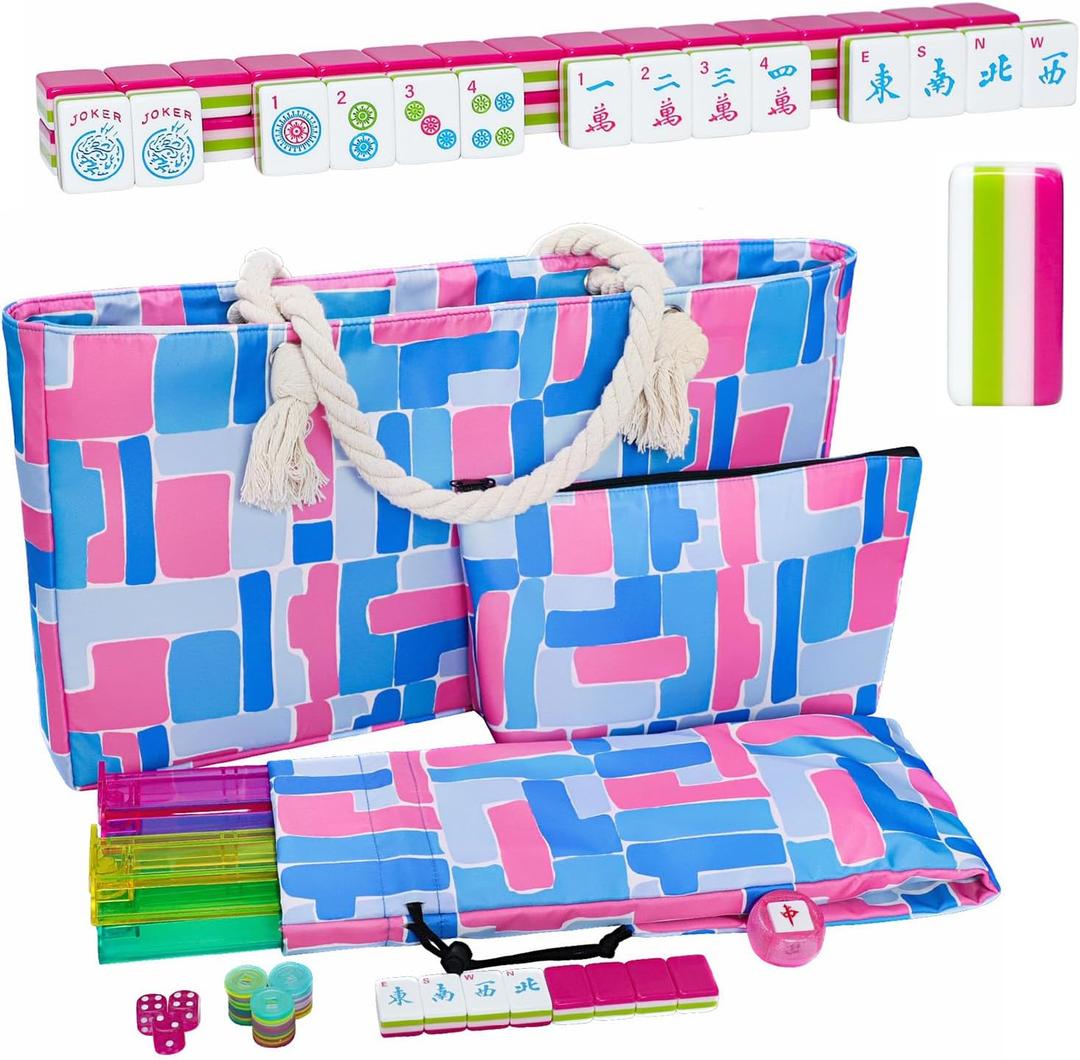 TIASUSAN 4 Layer Engraved American Mahjong Tile Set, 166 Acrylic Mahjong Tiles with Bags, Racks and Pushers, Accessories