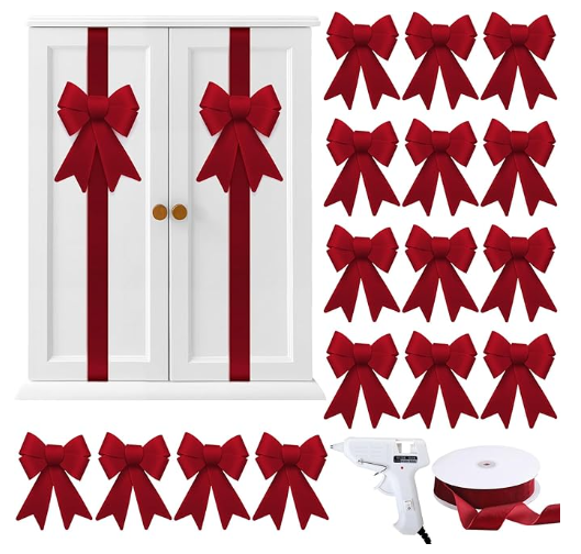 16 Pcs Christmas Cabinet Bows DIY Kitchen Velvet Cabinet Ribbons Bows for Kitchen Dining Door Home Holidays Decoration(Burgundy,Velvet)