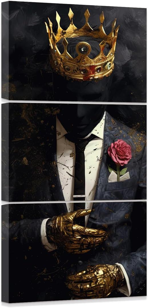 ZXHYWYM African American Wall Art 3 Piece Black Man Pictures Gold Crown Paintings Afro King Canvas Print for Living Room Bedroom Home Office Framed (D, (11"x14"x3))