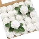 Lings Moment Artificial Flowers 25Pcs Glowing White Roses Decor w/Stems,3" Real Touch DIY Foam Floral for Wedding Bouquet/Centerpieces, Outdoors Party Backdrop, Room/Table, and Garden/Pot Decorations