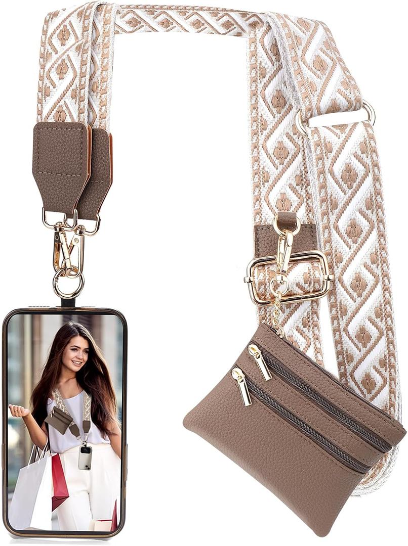 XANGNIER Clip and Go Strap for Phone with Wallet Crossbody, Phone Strap with Zippered Wallet, Adjustable Anti Theft Cellphone Lanyard for Women, Cellphone Chain Accessories