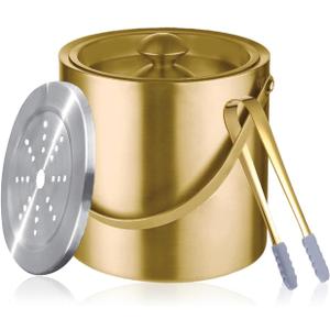 Gold Ice Bucket with Lid, Handle and Tong Insulated Stainless Steel Champagne Bucket 3L Wine Bucket for Party Bar Cart Accessories Large Double Wall Bucket Keep Frozen