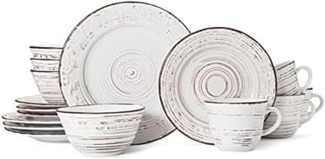 Pfaltzgraff Trellis White 16-Piece Stoneware Dinnerware Set, Service for 4, Distressed White Finish, Microwave & Dishwasher Safe Plates and Bowls