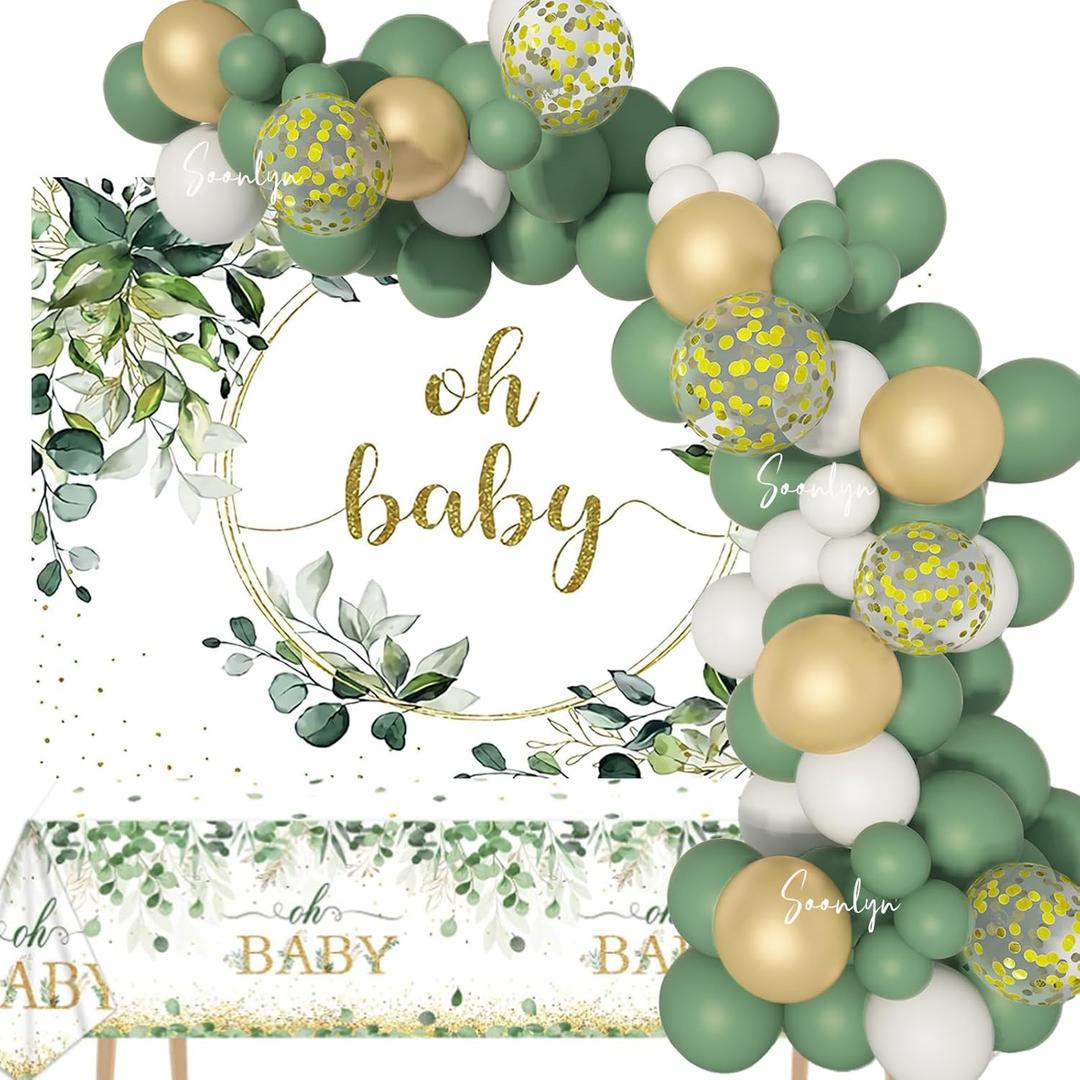 Soonlyn All-In-1 Sage Green Baby Shower Decorations 10ft 12In Balloon Arch Kit with Oh Baby Backdrop Tablecloth for Gender Neutral Baby Shower Decorations