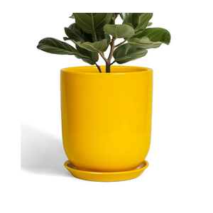 Ceramic Pot for Plants - 10 Inch Plant Pot Indoor with Drainage Hole and Saucer Large Planter for Outdoor Plants Cylinder Decorative Flower Pot Yellow