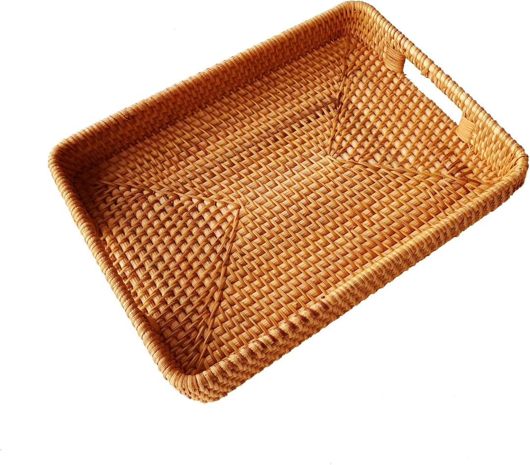 i-lan 13 Inch Handcrafted Serving Tray Rectangle Rattan Display Tray Plates with Cutout Handles and 2" Wall,Wicker Ottoman Coffee Table Decor Basket Tray Organizer Platter for Snack, Candy, Fruit,S (13.4" x 9.8" x 2")