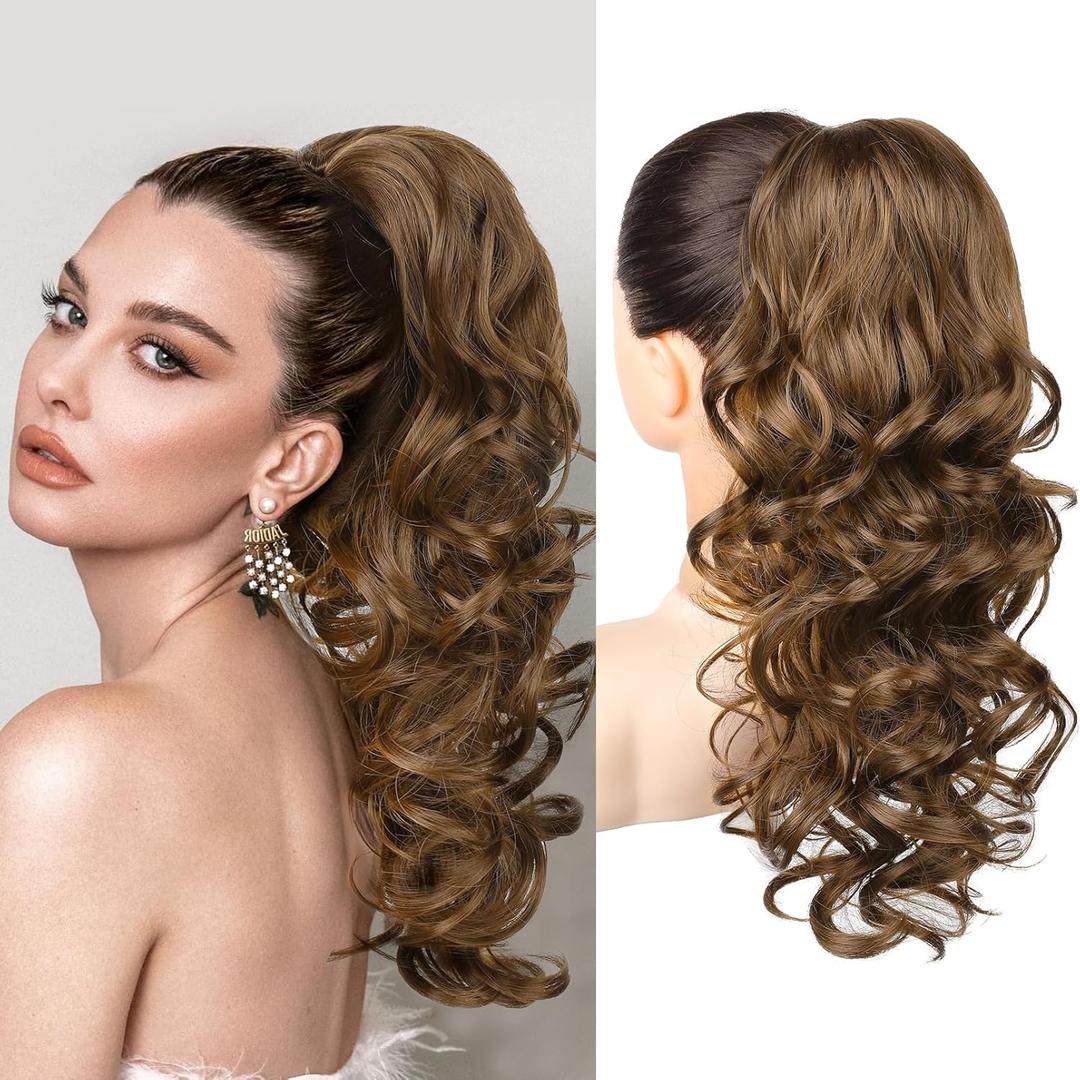 REECHO Ponytail Extension, 18 inch Wavy Drawstring Ponytail Hair Extension for Women, Natural Synthetic Fake Pony Tails Hair Extensions Clip in Hairpiece for Women, Chocolate Brown