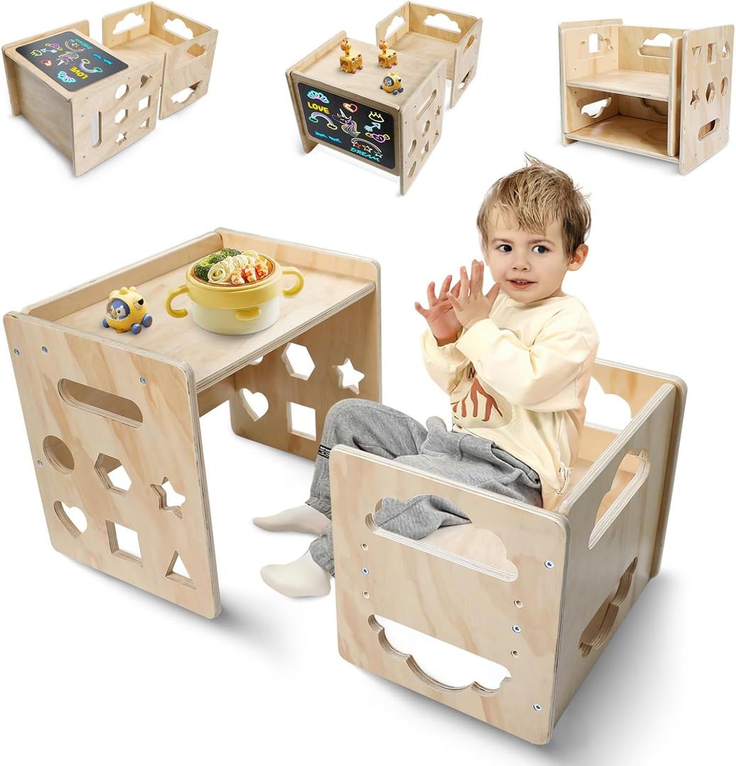 Montessori Weaning Table and Chair Set, Wooden Toddler Table and Chair Set Kids Activity Table Step Stools with Blackboard & 3 Heights Adjustable, 1-3 Age Kids Funiture for Eating Drawing Reading (Big Size)