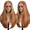Synthetic Lace Front Wigs Pre Plucked 13x4 Lace Skunk Stripe Blonde Ginger 26 Inch Long Layered Straight Wigs For Women 100% Futura Fiber Ready to Wear Glueless Wig With Bangs Daily Party Use