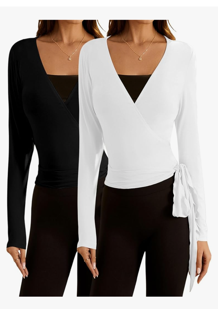 SweatyRocks Women's 2 Pack Long Sleeve Ballet Pilates Yoga Wrap Shirts Tie Front Workout Tops, Size S