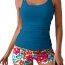 Eomenie Women's Swimsuit Tankini Set Modest Tummy Control Slimming Bathing Suits Two Piece Swim Suit with High Waisted Short (Large, Blue Floral)