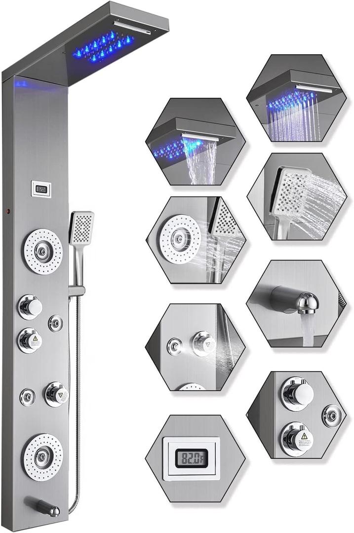 ELLO&ALLO Stainless Steel Shower Panel Tower System,LED Rainfall Waterfall Shower Head 6-Function Faucet Rain Massage System with Body Jets, Brushed Nickel