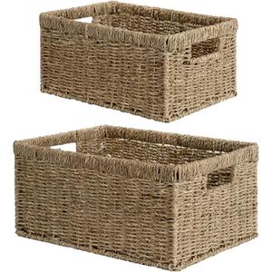 StorageWorks Wicker Storage Baskets, Large and Small Baskets, Handwoven Seagrass Basket for Organizing, Decorative Organizers with Built-in Handles, Set of 2 (15"D x 11"W x 7"H + 13"D x 9"W x 6"H)