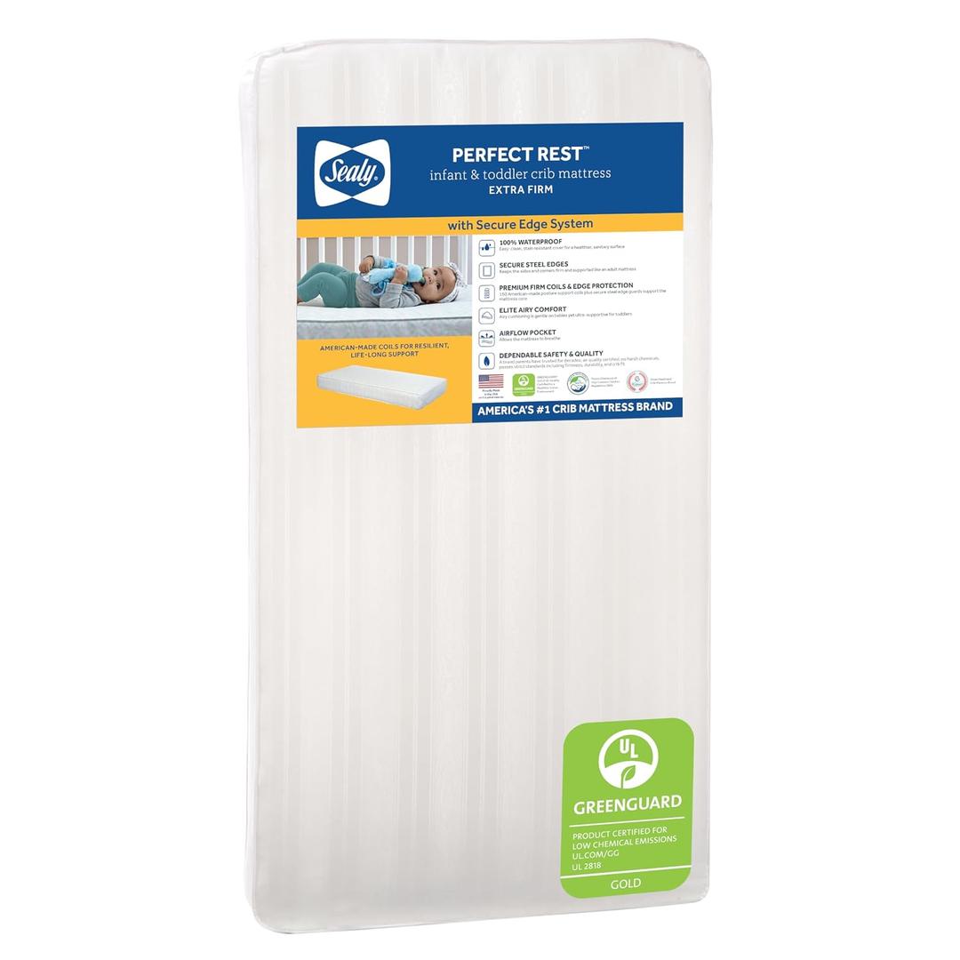 Sealy Baby Perfect Rest Waterproof Crib Mattress plus Toddler Bed Fit, Premium 150 Extra Firm Coils, Non Toxic, Airy Cushioning, GREENGUARD Gold Certified, Safety & Quality Tested, Made in USA, 52X28"