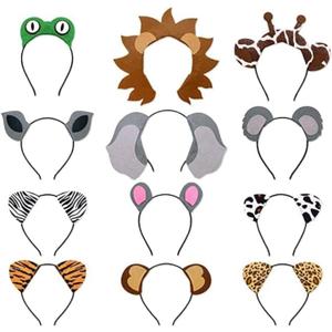 12pcs Jungle Animal Safari Headbands with Animal Hair Hoops - Photo Booth Props, Party Favors and Decorations for Kids and Adults