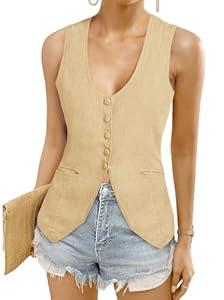 COCCKO Womens Deep V Neck Blazer Vest Summer Linen Sleeveless Waist Coat Vest Work Casual Cotton Tank Tops