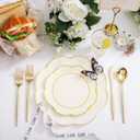 ejonirinjonir EI 180pcs Beige Plastic Plates with Gold Plastic Silverware,Heavy-Duty Disposable Plates for Party,White Dinnerware Set for 30 Guest Wedding,Afternoon Tea,Spring,Valentine's Day,Easter