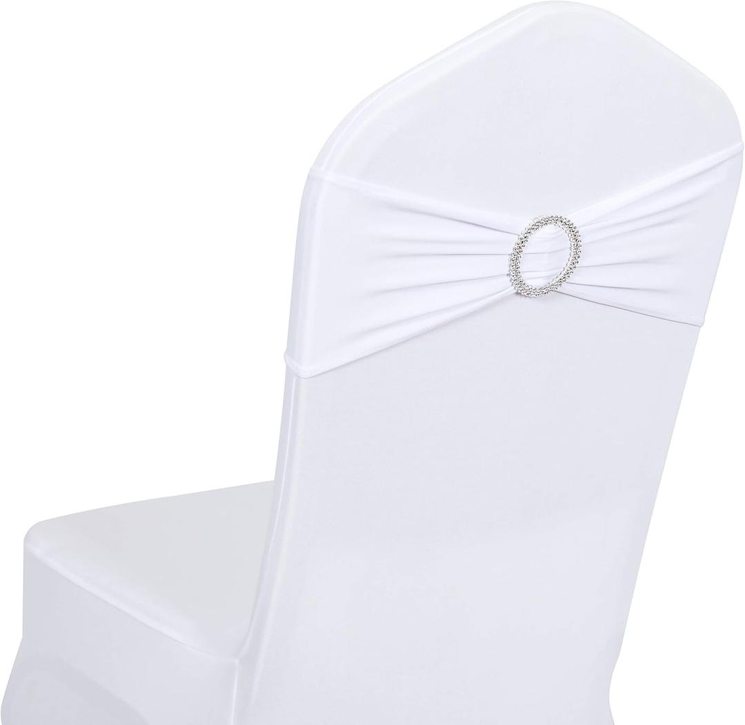 Obstal 10 PCS Spandex Stretch Chair Sashes Bows for Wedding Reception- Universal Elastic Chair Cover Bands with Buckle Slider for Banquet, Party, Hotel Event Decorations Sashes, White 