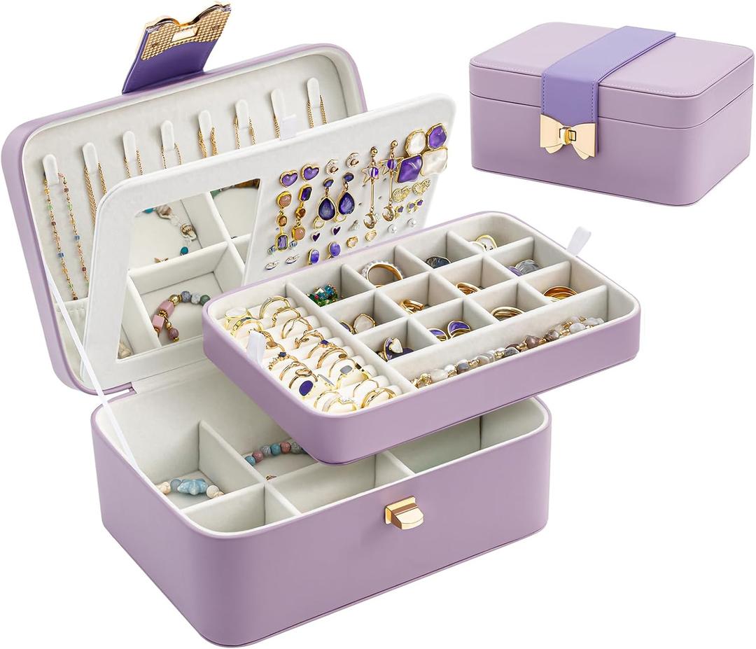 Lolalet 2 Layer Jewelry Box for Teen Girls & Young Women, Jewelry Organizer Case with Bow Clasp and Mirror for Earrings Rings Necklaces Storage, Gift Idea -Purple