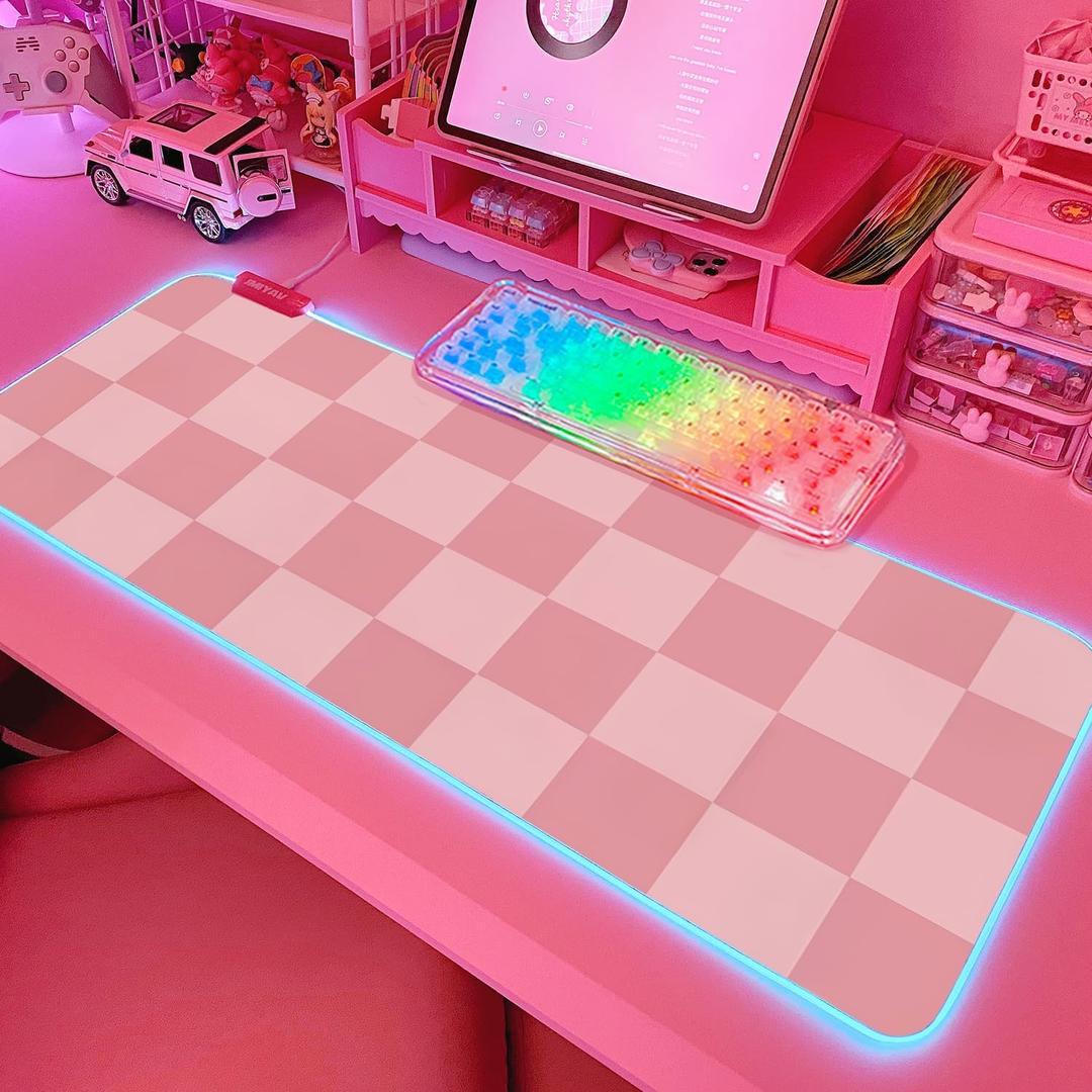JMIYAV Pink RGB Gaming Mouse Pad 31.5x12 Inch PC XL Large Extended Glowing Led Light Up Desk Pad Non-Slip Rubber Base Computer Cute Mousepad Mat Desk Accessories Gaming Setup 38-61-2