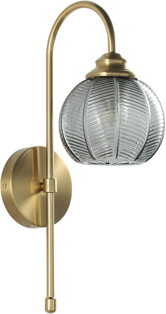 KCO Lighting Gold Wall Light Smoke Glass Globe Sconce Antique Brass Long Arm Sconce Minimalist Vintage Fireplace Wall Sconces Mid Century Modern Bedside