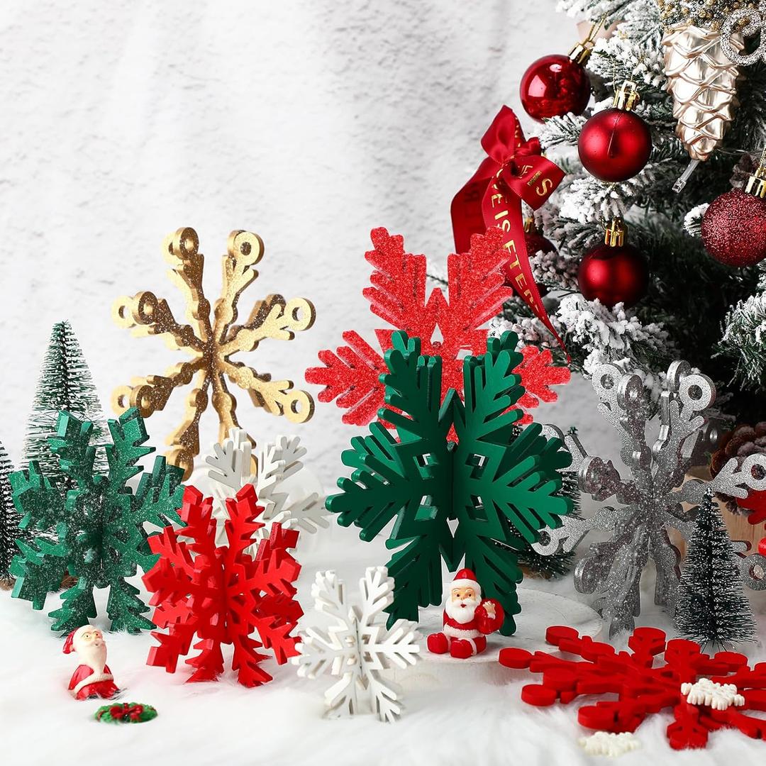 Briwooody 18 Pcs Winter Wooden Snowflake Table Decoration 9 Set 3D Winter Snowflake Centerpieces for Tabletop Party Decoration Supplies(Red and Green) (Solid Style, Multicolor)