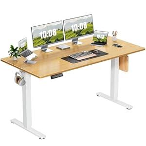 Sweetcrispy Electric Adjustable Height Standing Desk - 63 x 24 inch Sit to Stand Up Desk with Splice Board, Rising Home Office Computer Table with 2 Hook and Wire Hole for Work