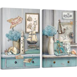 iHAPPYWALL 2 Pieces Nautical Beach Canvas Wall Art Rustic Lighthouse Sailboat Coastal Still Life Teal and Grey Picture for Bedroom Office Home Decor Ready to Hang 16x24inchx2pcs (Teal)