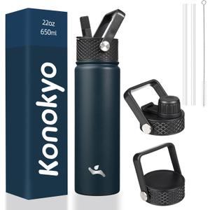 22oz Stainless Steel Bottles with 3 Lids Sport Insulated Water Bottle,Navy Blue