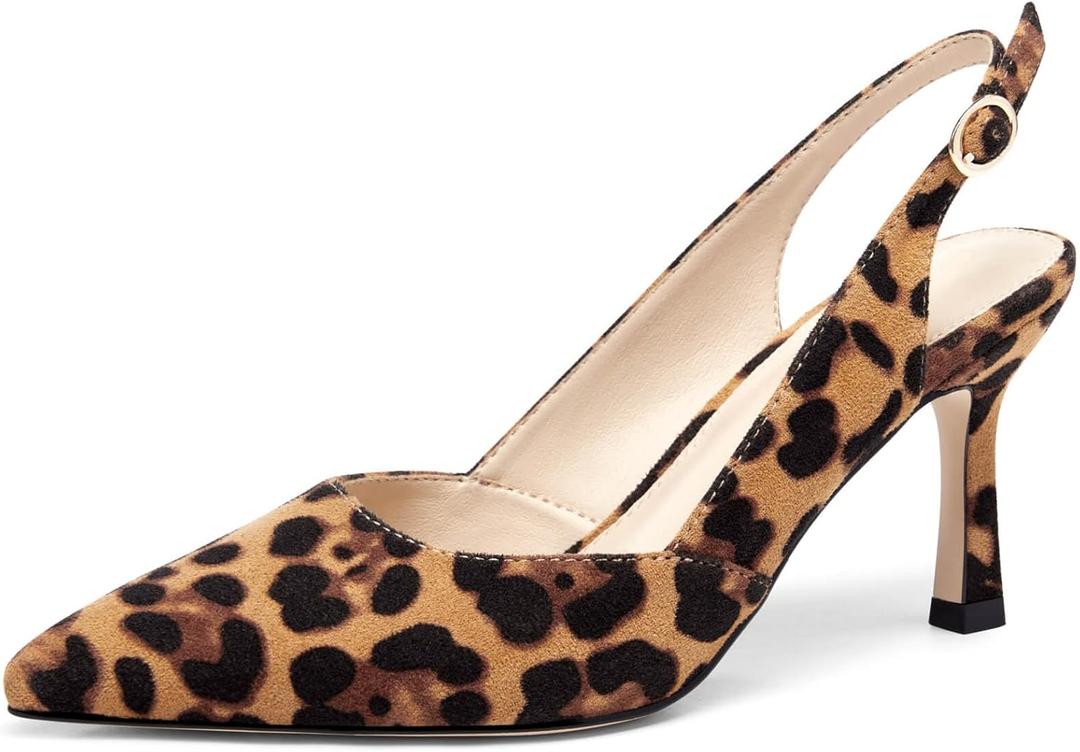 Rilista Women's Slingback Kitten Heels Closed Pointed Toe Backless Wedding Party Dress Pumps Shoes,Leopard/Suede, 9