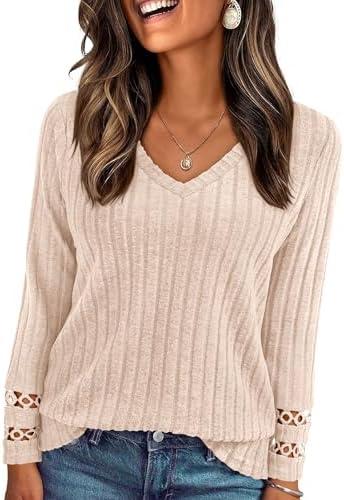 PRETTYGARDEN Women's Long Sleeve Shirts Ribbed Knit V Neck Tee Dressy Casual Blouses Going Out Tunic Tops 2026 Fall Outfits, Large