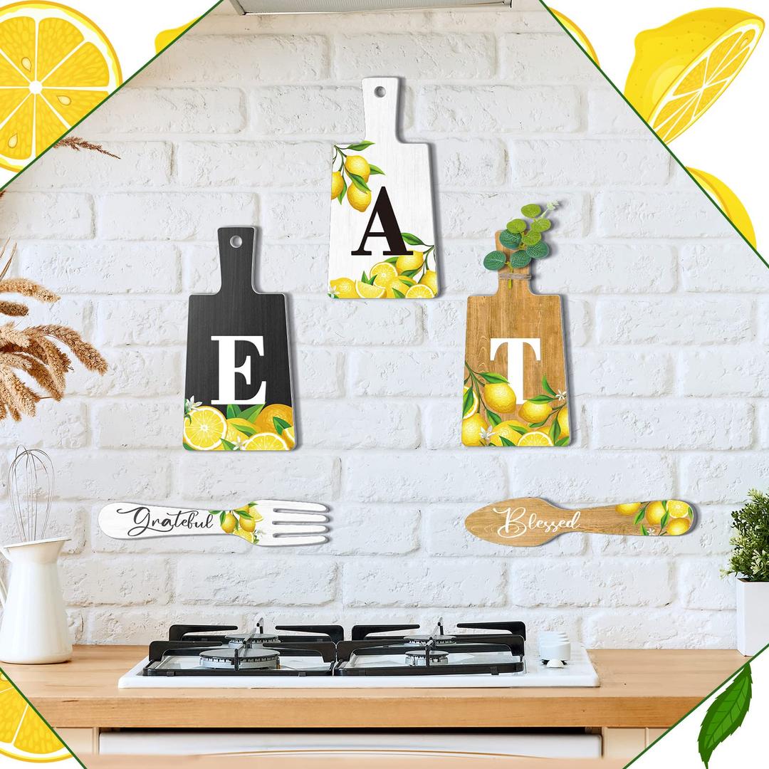6 Pcs Lemon Cutting Board Eat Sign Set Fall Hanging Art Kitchen Eat Sign Lemon Knife Fork and Spoon Wall Decor Rustic Primitive Farmhouse Kitchen Christmas Decor(Black, White, Yellow)